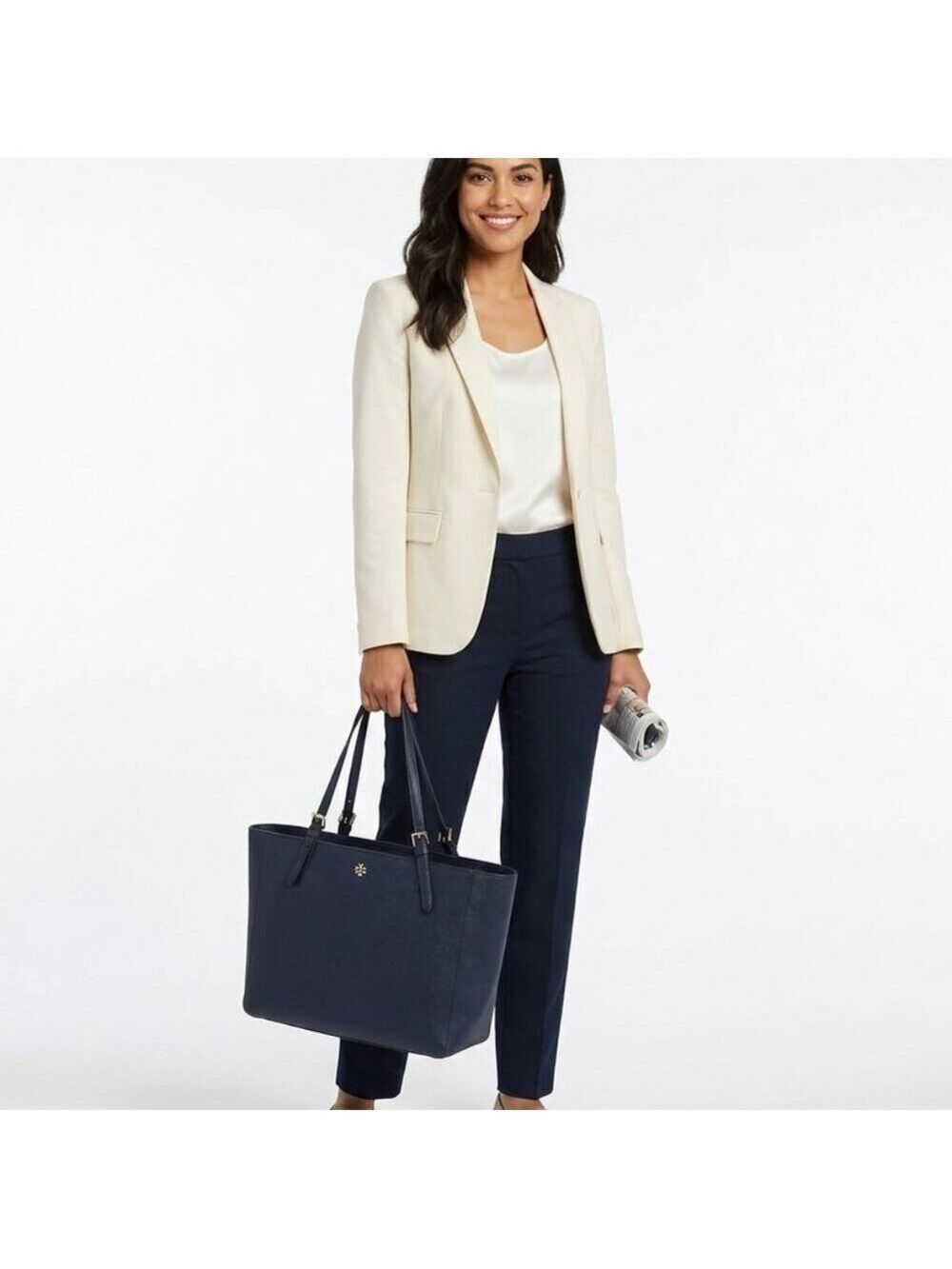 Tory Burch York Buckle Tote Navy Saffiano Leather Large Work Shoulder Bag 0513